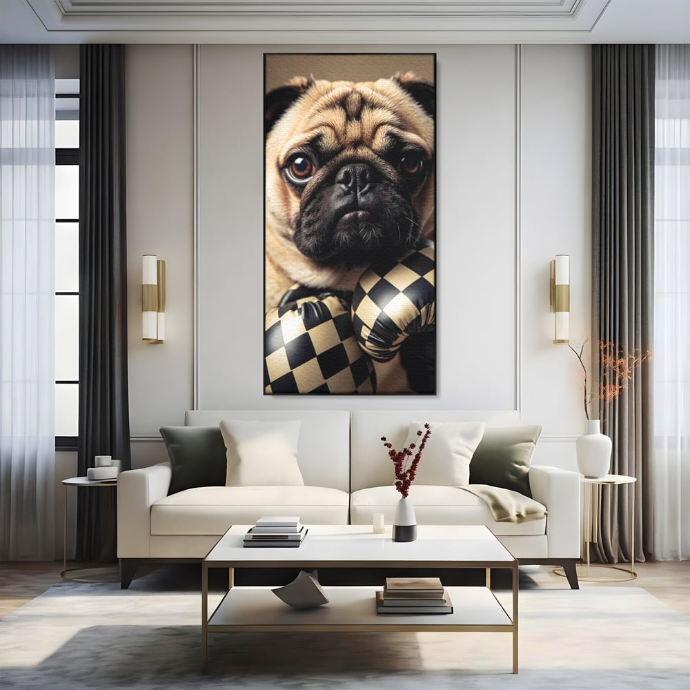 Tablou canvas cu tablou canvas cu pug in manusi de box, in rama de aluminiu negru, pe perete intr-un living